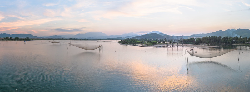 idyllic, river, sky, lagoon, vietnam, landscape, water, panoramic, 8K, da nang, tranquil scene, mountain range, reflection, tradition, no people, scenics - nature