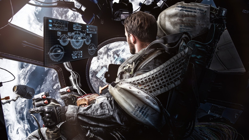 astronaut, men, 1080P, artwork, futuristic, digital art, space station, Cyrillic, cockpit, pilot