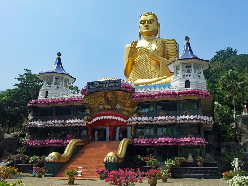 plant, temple, sculpture, spirituality, gold colored, faith, 2K, dambulla, building, Dambulla, sky, no people, gold, building exterior, statue, cave temple