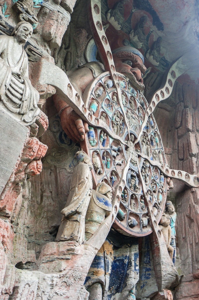wheel, day, craft, low angle view, belief, china, building exterior, spirituality, 2K, religion, statue, sculpture, outdoors, no people, wheel of life