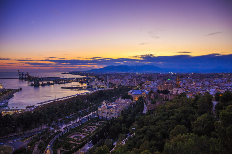 view, no people, purple, malaga, architecture, summer, sky, sunset, the castle of gibralfaro, dusk, gold sand, costa de sol, holidays, residential district