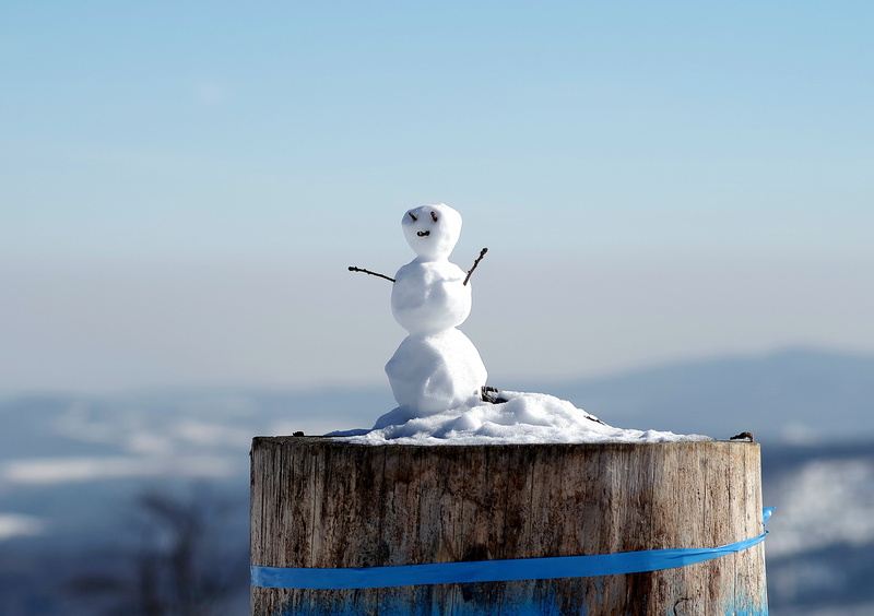 landscape, male likeness, nature, with a sense of humor, snow, bark, mountains, sculpture, guy, ferie, winter, fun, post, craft, wooden post, blue, little snowman