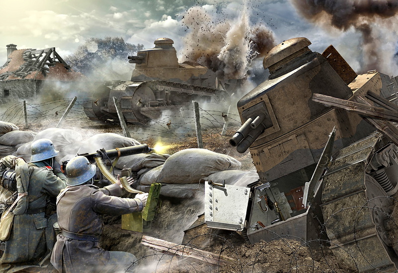 Renault FT, machine gun, soldiers, The first World war, barbed wire, 2K, MG 08/15, light tank