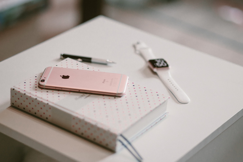 pink color, organization, focus on foreground, document, small group of objects, iphone, book, s, journal, office supply, apple, close-up, watch, selective focus