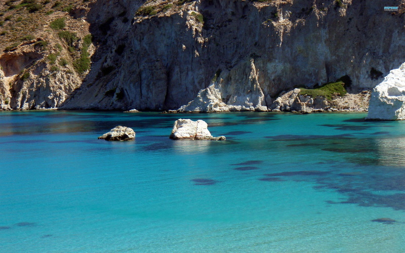 rocks, milos, blue, water, nature and landscapes, ocean, 2K, waters, nature, slopes
