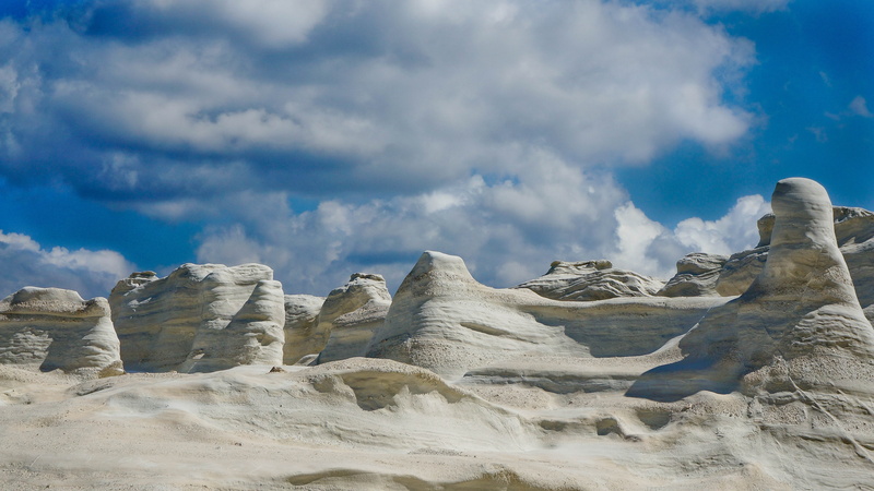 sarakiniko, white mountains, cloud - sky, formation, scenics - nature, land, landscape, rock - object, greek island, 4K, blue sky, environment, sand, geology