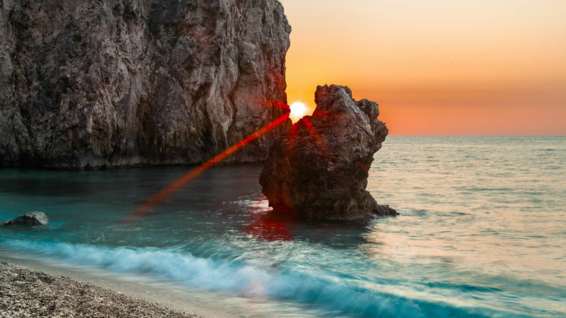 outdoors, sky, water, orange color, beach, rock, europe, formation, body of water, solid, power in nature, cliff, 1080P, tranquility, sunset, ocean, greece