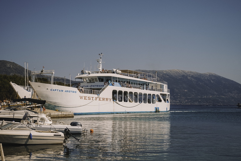 tourist, waterfront, cruise ship, outdoors, summer, fiskardo, commute, sky, lefkada, greece, boat, moored, vacation, travel, anchored, sea, copy space