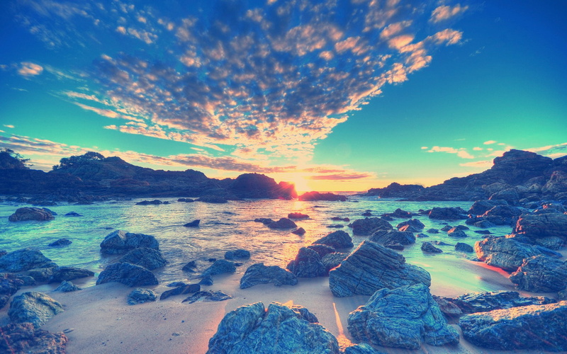stones, ocean, sunlight, warm, beach, nature, hd, 1080P, sunset, shore, rocks