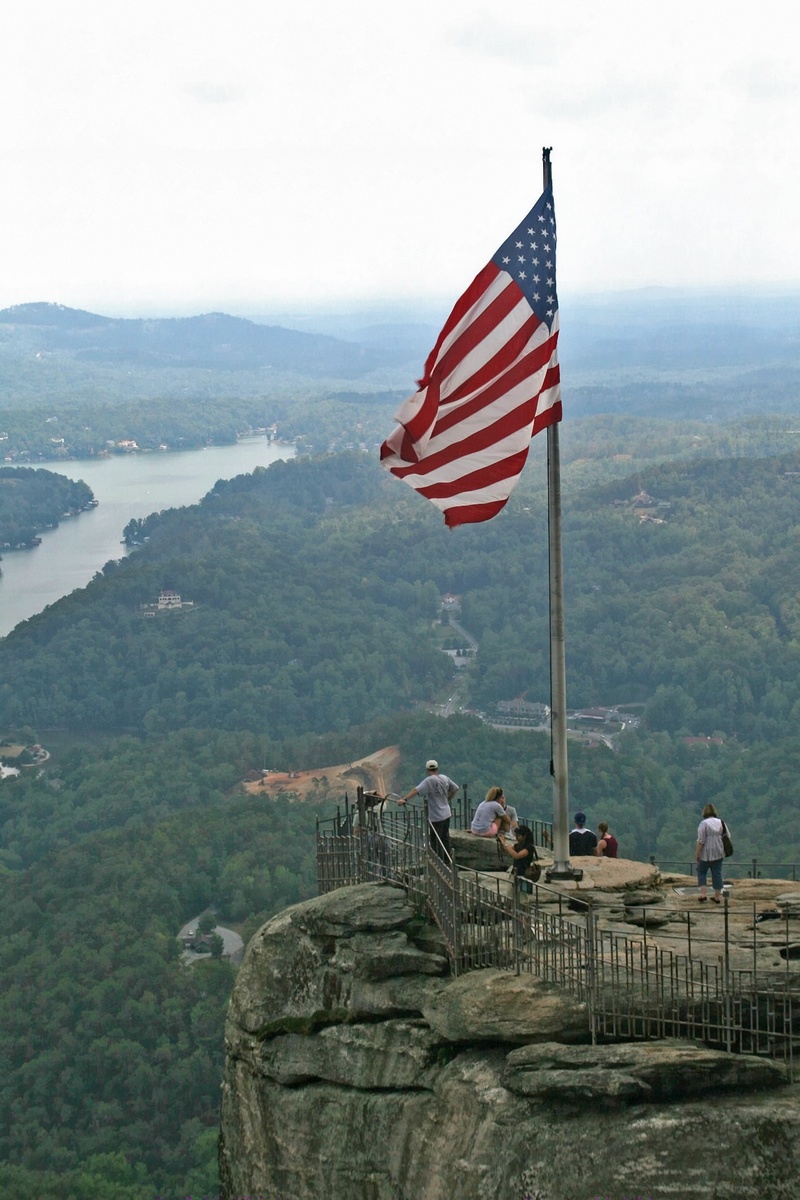 ridge, landscape, architecture, hiking trails, scenic, day, cliff, 315 ft granite monolith, chimney rock, no people, view, flag, blue, national park, outdoors