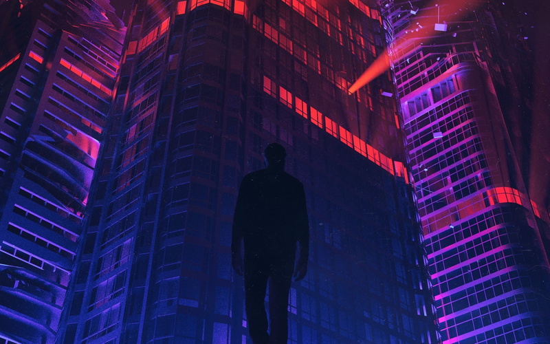 illuminated, finance, low angle view, building exterior, fantasy, skyscraper, luminis, building, :-), men, purple, silhouette, buildings, outdoors, synthpop