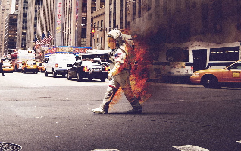 1080P, day, traffic, astronaut, one person, real people, motor vehicle, men, street, outdoors, road, flag, city, building exterior, city life, built structure