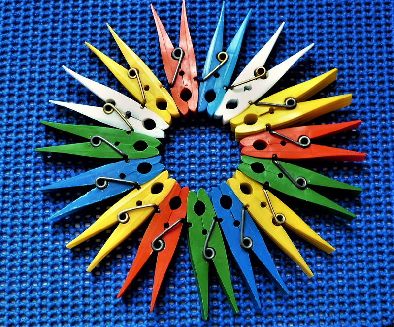directly above, close-up, multi colored, geometric shape, high angle view, yellow, clamp, tether, large group of objects, indoors, choice, color, pattern