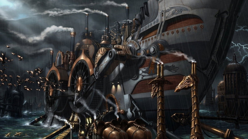 ship, robots, mechanics, art, steamship, fantasy, 1080P, steampunk, dark