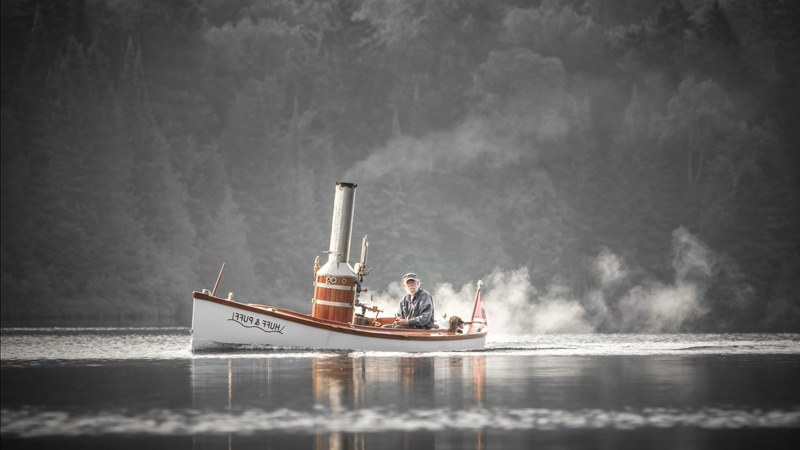 Trees, lake, day, mist, reflection, Pine Trees, transportation, Beards, smoke, men, Old People, sailboat, Chimneys, pollution, smoke - physical structure