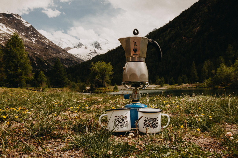 growth, grass, bialetti, day, wilderness, plant, snowcapped mountain, white, land, mug, gray, switzerland, field, camp, two, mountain range, summer, pot