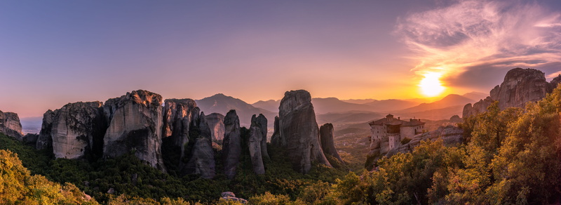 countryside, outdoors, coniferous tree, rock, travel destinations, yellow, kalampaka, beauty in nature, mountain, land, mountain peak, sunset, sunlight