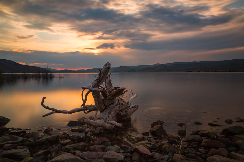 Curecanti National Recreation Area, cloudy, lake, Colorado  lake, mountain, branch, brown, evening, rocks, sunset, body of water, LE, log, sky, outdoors