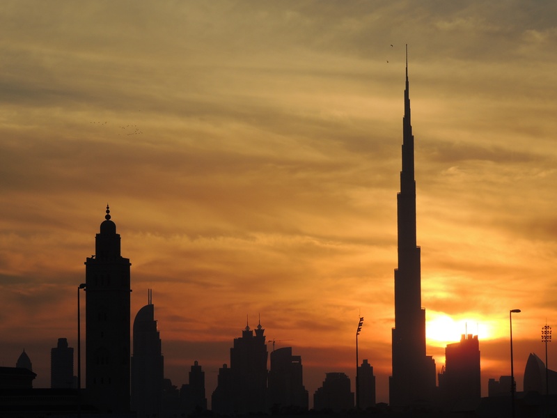 silhouette, uae, cloud - sky, nature, spire, landmark, landscape, middle, architecture, burj khalifa, no people, burj, orange color, arab, building exterior