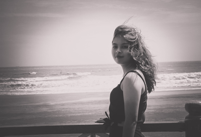 tank, nature, beach, waves, girl, water, sea, outdoors, lifestyles, one person, seashore, waist up, wearing, near, top, horizon over water, seascape, grayscale