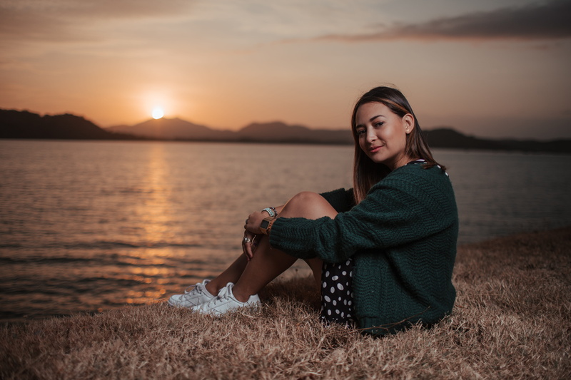 sun, sky, evening, model, ocean, seascape, hairstyle, scenic, golden hour, clouds, female, grass, adult, sitting, young adult, young women, lake, lifestyles