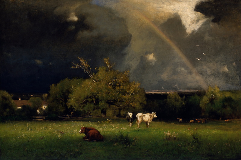 domestic animals, nature, outside, trees, outdoors, animal, oil on canvas, landscape, field, storm, land, tree, herbivorous, grass, cow, group of animals