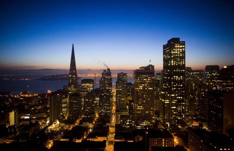 Transamerica Building, skyscraper, William  Pereira, downtown District, Transamerica Pyramid, at night, new York City, USA, view, famous Place, aerial