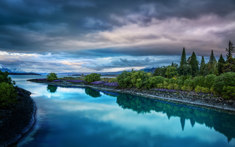 travel destinations, swimming pool, evening, reflection, outdoors, tekapo, sky, architecture, nature, tranquility, hd, blue, plant, tree, beauty in nature