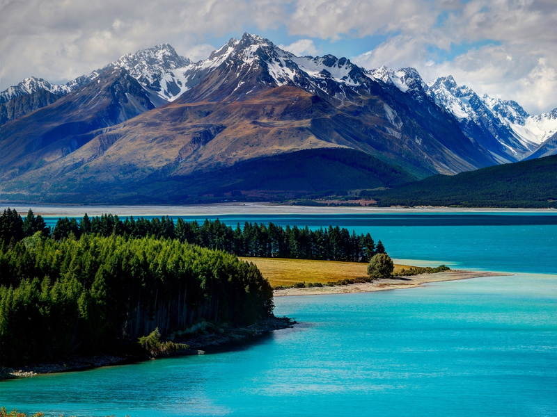 water, 1080P, Tekapo, Lake, Forest, Trees, Mountains, body, Zealand, New