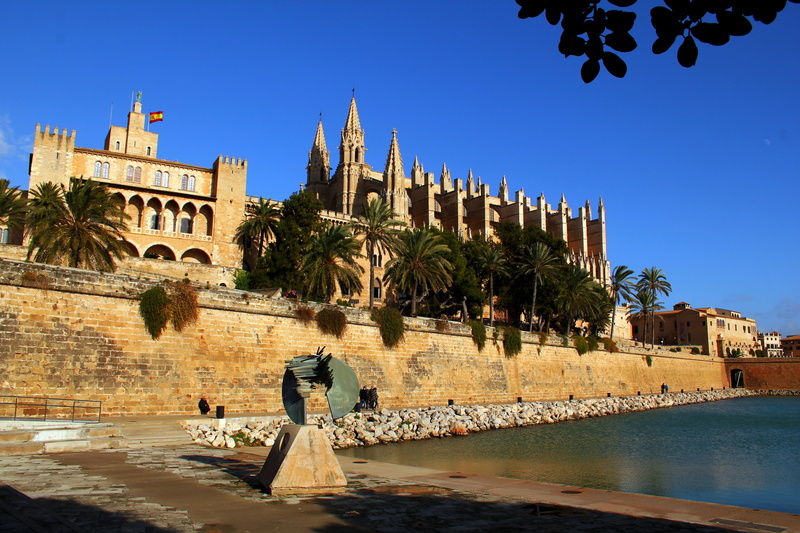 tropical climate, nature, built structure, travel destinations, sky, tree, palm tree, mallorca, clear sky, architecture, spain, women, day, cathedral, water