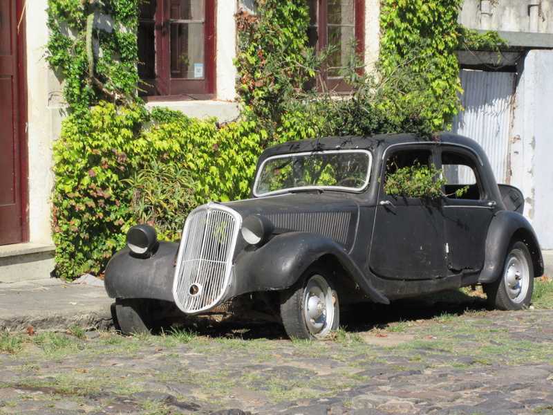 motor vehicle, built structure, plant, tree, abandoned, day, stationary, garage, 5K, city, wheel, colonia del sacramento, building, uruguay, old car, outdoors