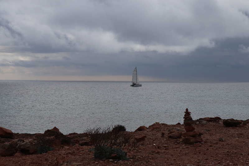 stone coast, cloud - sky, outdoors, mallorca, rock - object, no people, nature, tranquil scene, coast, rock, boot, mood, scenics - nature, ship, cairn