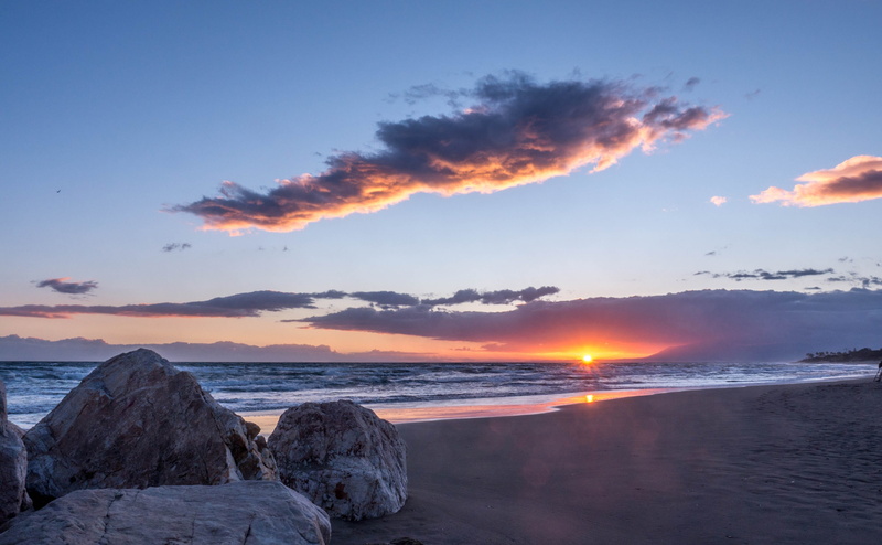 color Image, nature, horizon, 4K, scenics, stillness, summer, water, cloud - Sky, andalusia, wave, coastline, land, Mijas Costa, Sunset, beauty In Nature