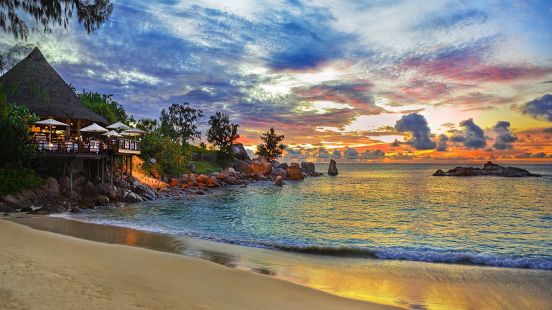 sunset, built structure, cabin, beauty in nature, cloud - sky, 1080P, sand, beach, water, architecture, scenics - nature, mountain, dusk, lodging, sky