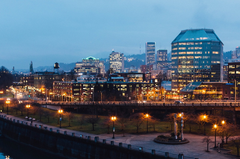 structure, america, portland, skyscraper, trees, skyline, built structure, landscape, northwest, downtown, united, city, willamette, dusk, river, sky, travel destinations