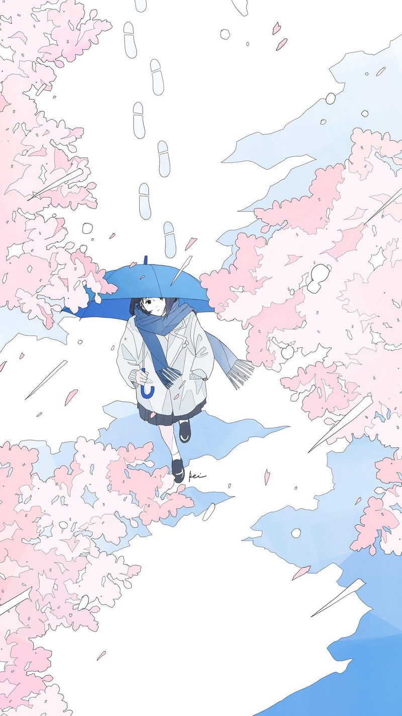 cherry trees, pastel, 1080P, anime girls, white background, scarf, umbrella