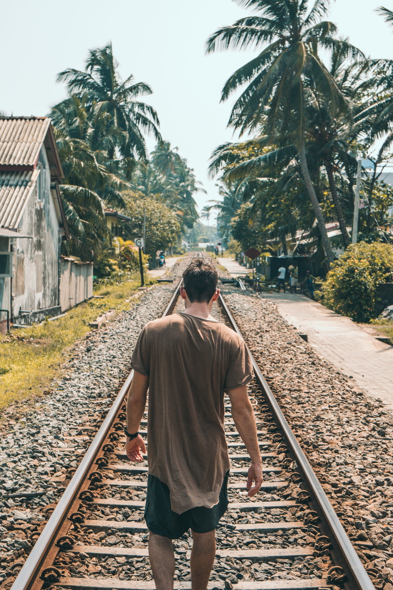 lifestyles, palm, model, palms, real people, male, tropics, tree, locomotive, road, summer, young, man, diminishing perspective, ollivves, rear view