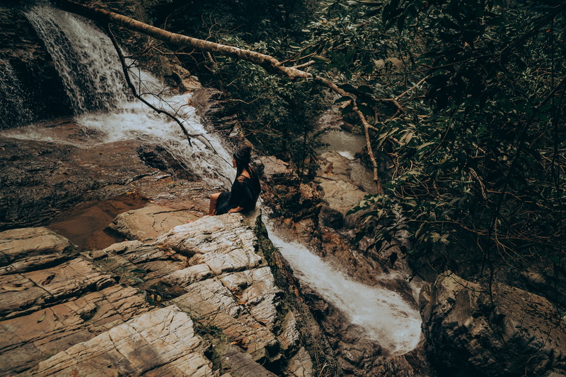 daylight, beauty in nature, woods, high angle view, edge, waterfowl, girl, green, leisure activity, beside, flowing water, trees, full length, plant, land