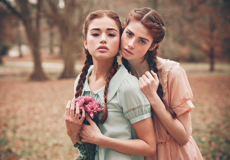 flowers, women, women outdoors, group of women, 1080P, pigtails, Ona Morgan, looking at viewer, brunette, braids