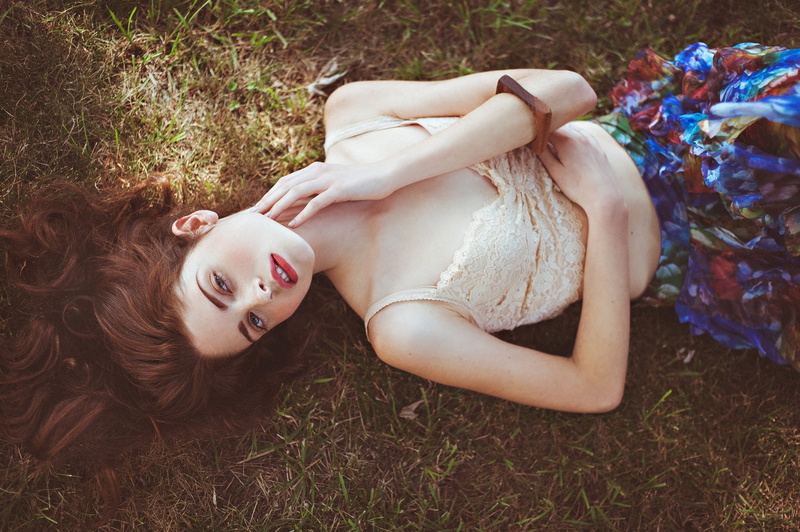 women, red lipstick, 1080P, lying on back, grass, looking at viewer, women outdoors, Ona Morgan, brunette