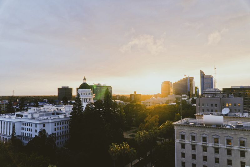 golden hour, capitol, no people, residential district, sky, city of tree, skyline, 5K, outdoors, built structure, sunset, building exterior