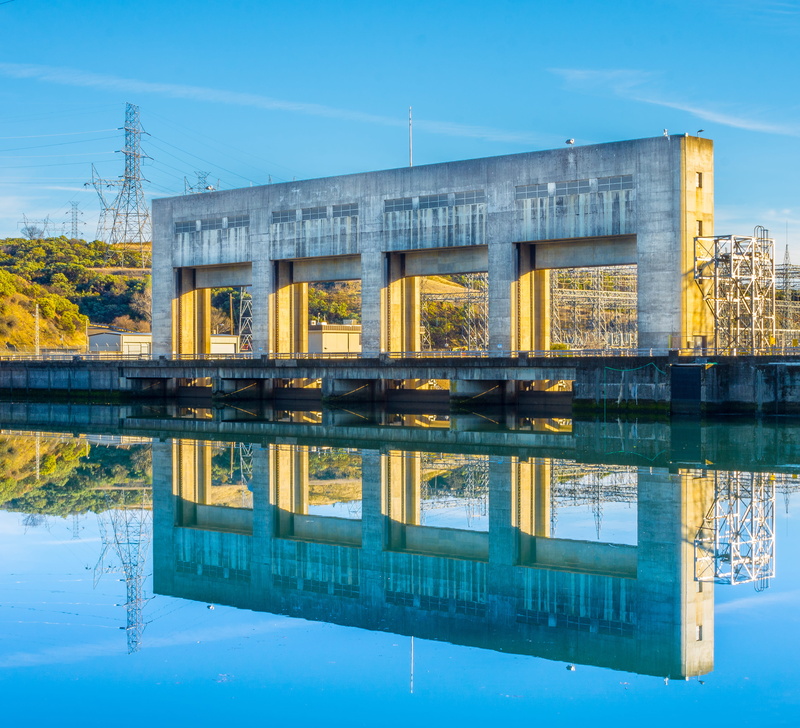 standing water, day, outdoors, nature, built structure, concrete, reflection, blue sky, dam, sky, water, building exterior, river, united states, bridge - man made structure