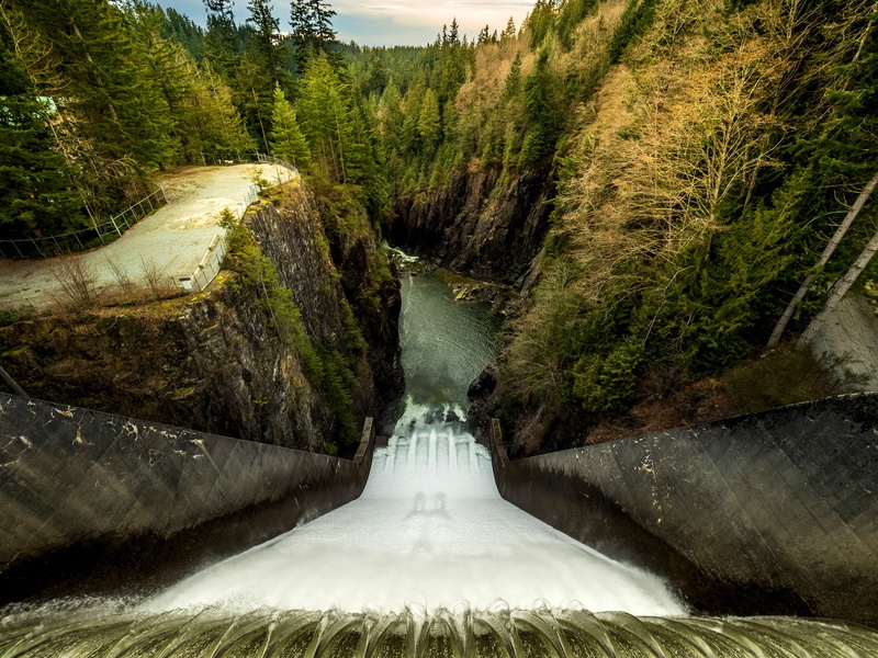 rocks, water, stream, 2K, trees, dam, the view from the top, Vancouver, river, Canada, Cleveland Dam, forest, height, open