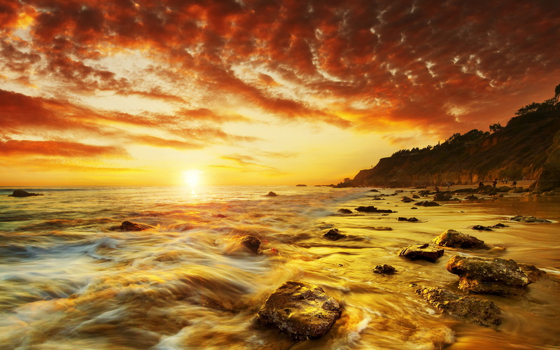 sunlight, nature, 2K, sunset, stones, hd, rocks, beach, ocean
