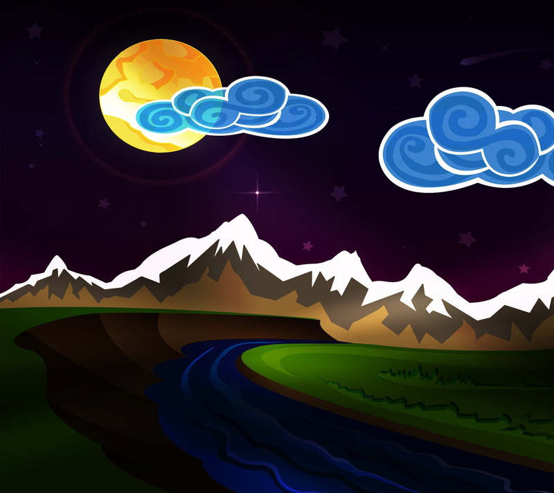 no people, multi colored, star - space, blue, landscape, mountain, illustration, beside, illuminated, river, cloud - sky, outdoors, artwork, nature, lighting equipment