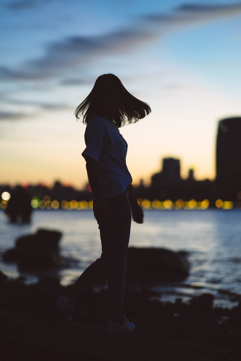 one Young Woman Only, action, dusk, profile View, copy Space, near, coastline, beach, relaxation, summer, urban Scene, jogging, females, city Life, black Color