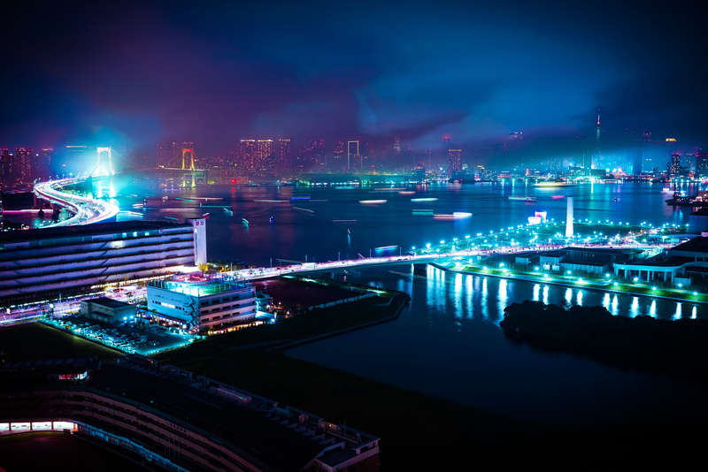 urban Skyline, transportation, nautical Vessel, 8K, bay, illuminated, building, skyscraper, skyline, purple, outdoors, long exposure, buildings, famous Place