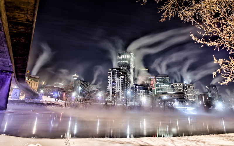architecture, motion, skyscrapers, timelapse, neon, reflection, mist, cold, manipulation, trees, stop, shore, bank, photogr, snow, structure, world, buildings