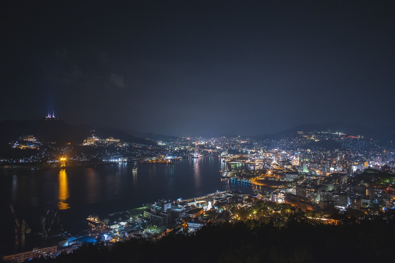mountains, 2K, city, Japan, landscape, neon lights, Nagasaki, night