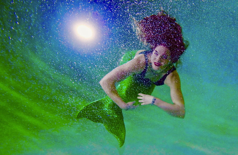 swimwear, girl, emotion, tail, painting, mermaid, nature, hair, freedom, leisure activity, swimming pool, adult, one person, full length, green, water